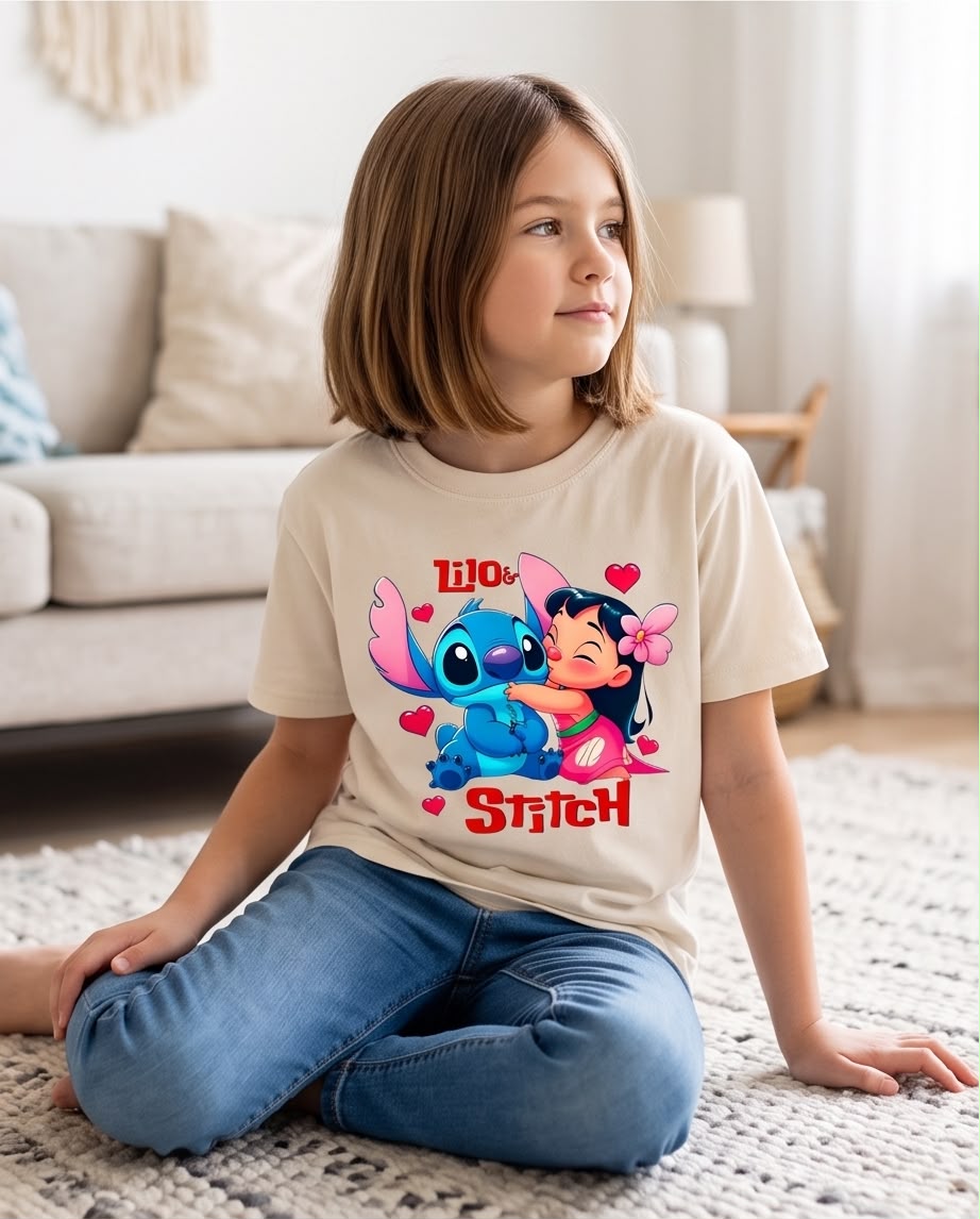 Niña de cuerpo entero con camiseta Lilo y Stitch