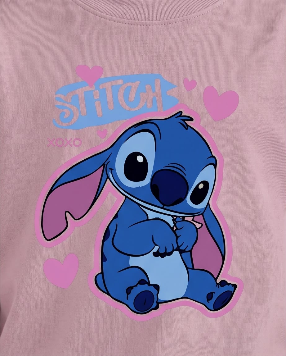 Vista completa de camiseta Stitch sentado Rosa Vieja