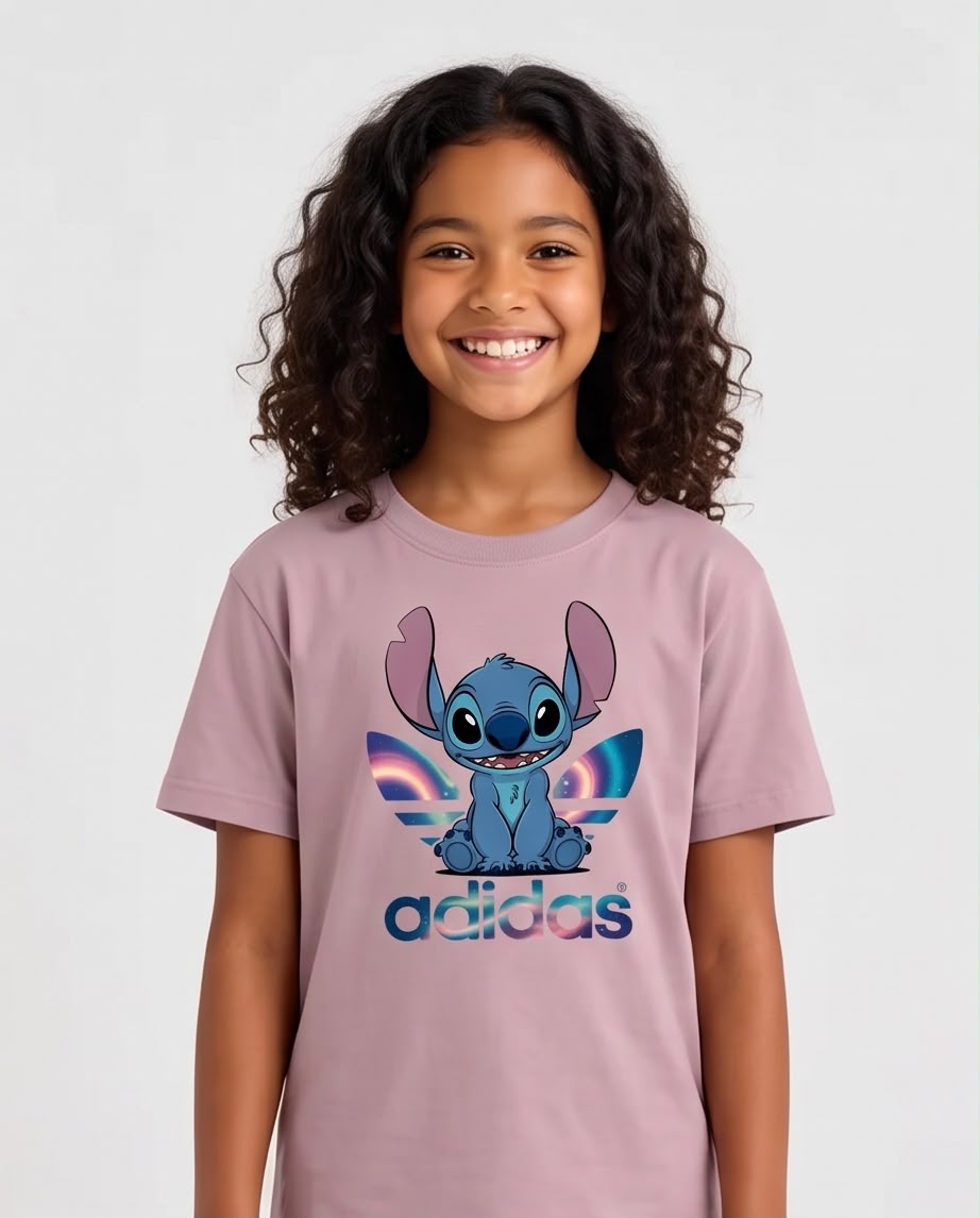 Niña sentada con camiseta Stitch adidas Rosa Vieja