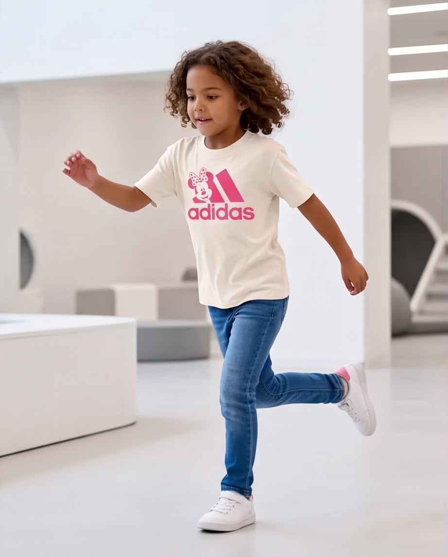 Niña sentada al aire libre con camiseta Minnie adidas