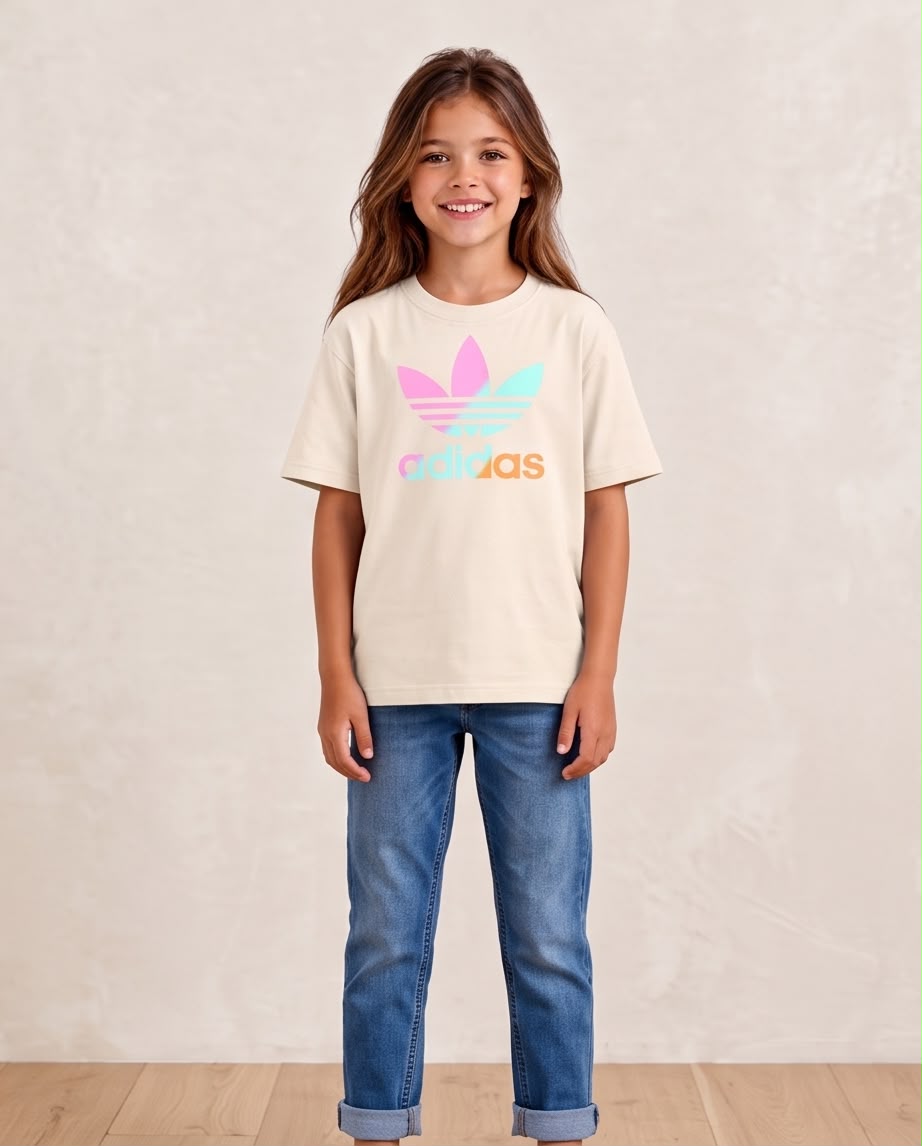 Niña de cuerpo entero con camiseta adidas pastel