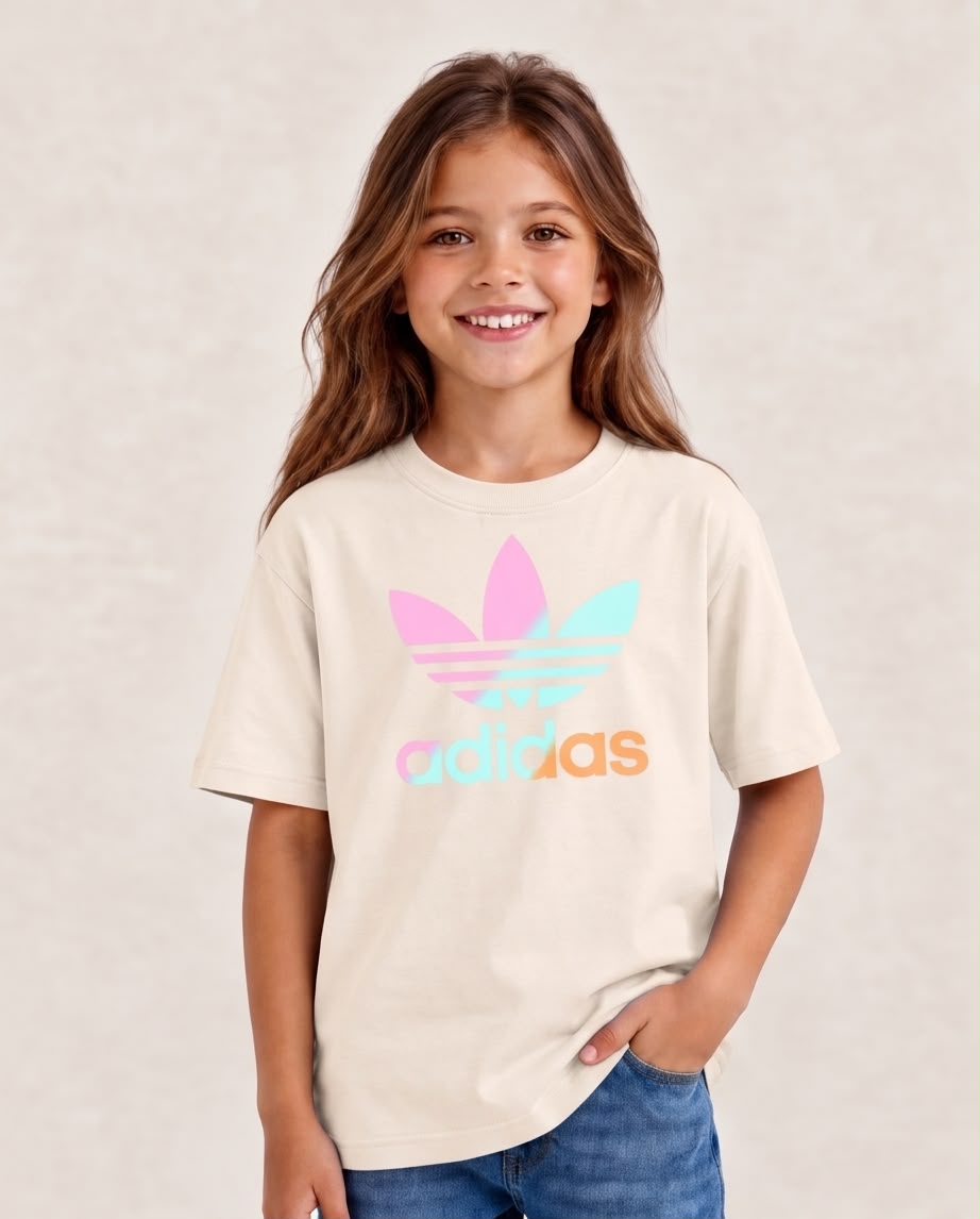 Niña al aire libre con camiseta adidas trébol pastel