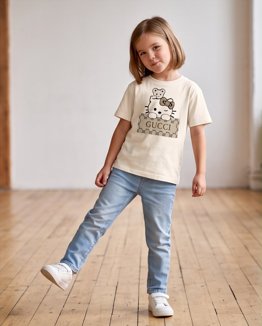 Niña de cuerpo entero con camiseta Hello Kitty con osito