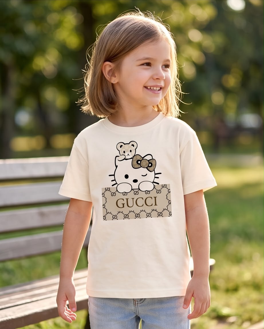 Niña con camiseta Hello Kitty con osito Gucci, vista frontal