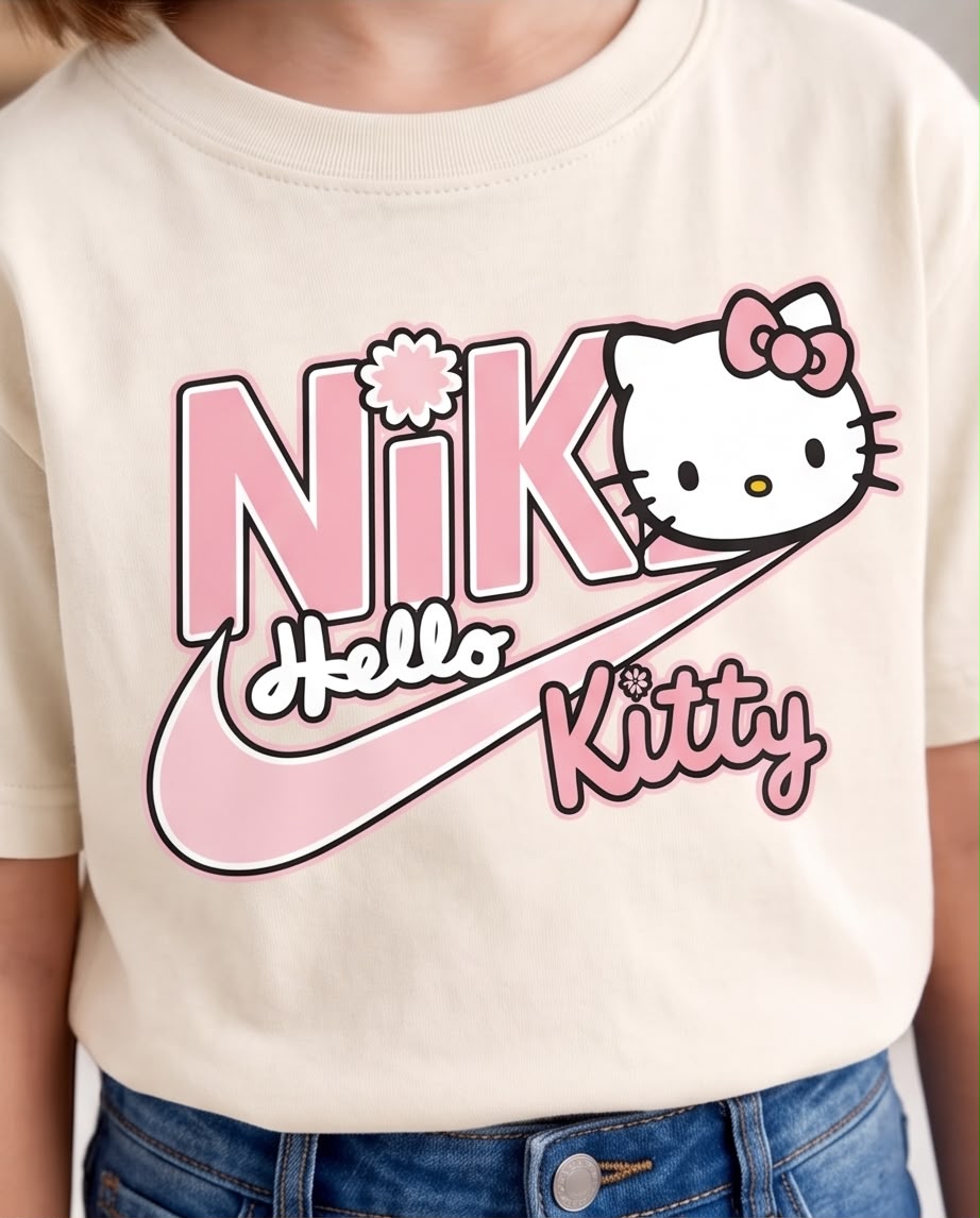 Niña sonriente con camiseta Hello Kitty Nike