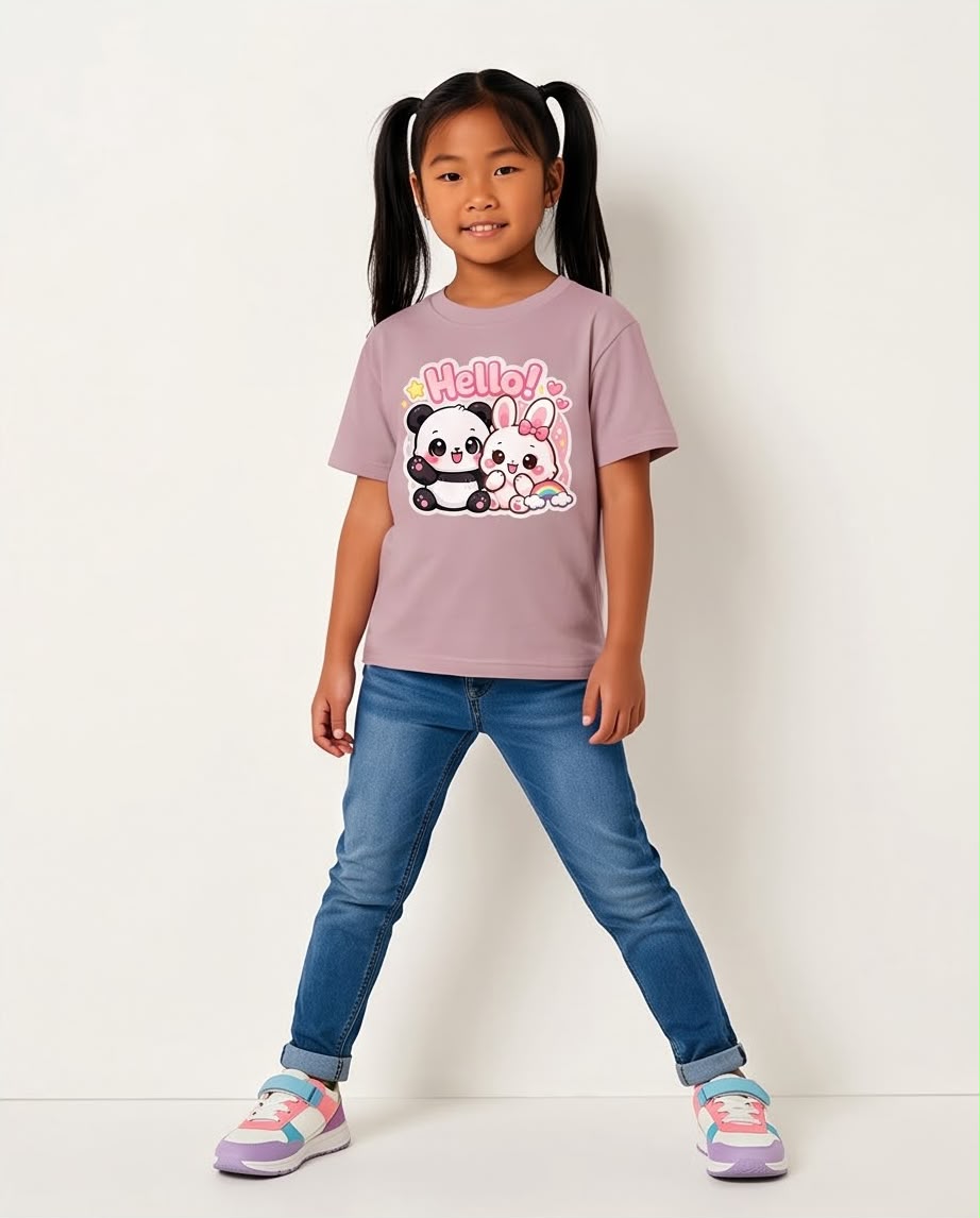 Vista frontal de camiseta Panda y Conejita Hello Rosa Vieja