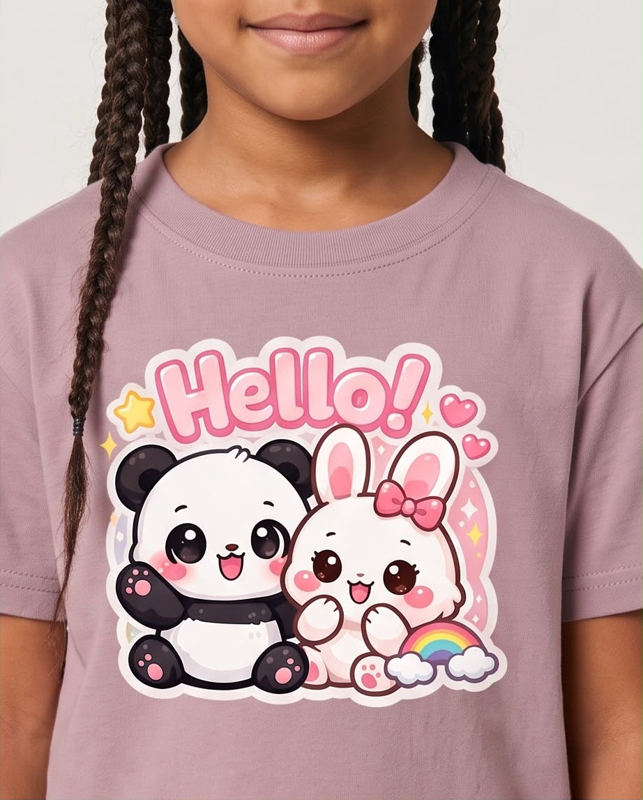 Detalle de estampado Hello panda y conejita sobre Rosa Vieja
