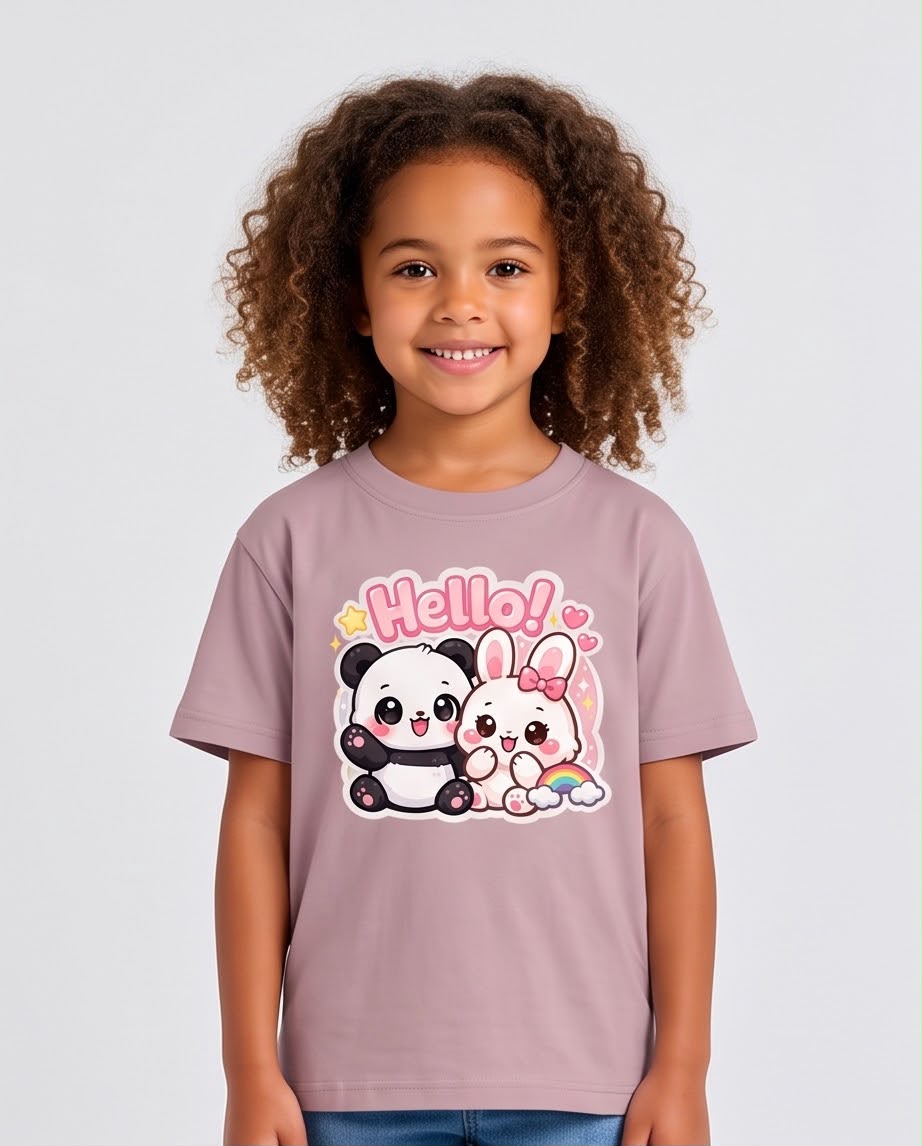 Niña sentada con camiseta Panda y Conejita Hello Rosa Vieja