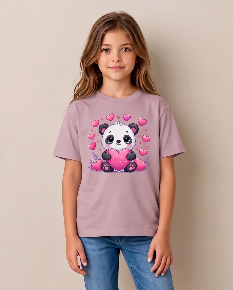 Niña sentada con camiseta Panda con Corazón Rosa Vieja