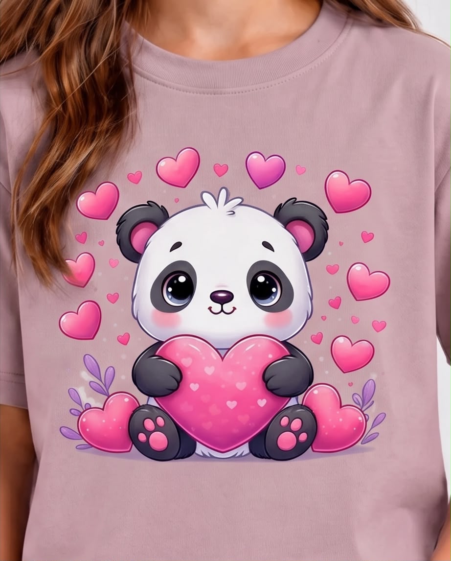Niña de frente con camiseta Panda con Corazón Rosa Vieja