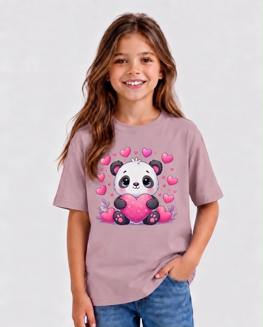 Vista frontal de camiseta Panda con Corazón Rosa Vieja