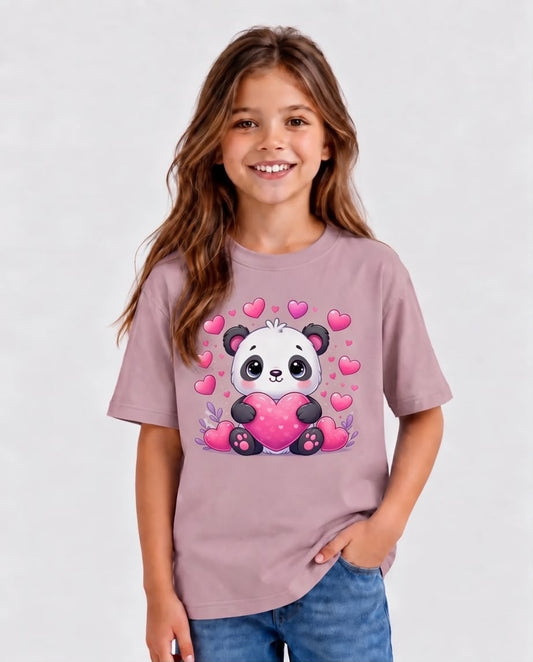 Vista frontal de camiseta Panda con Corazón Rosa Vieja