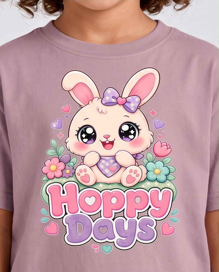 Detalle ampliado de conejita y texto Hoppy Days