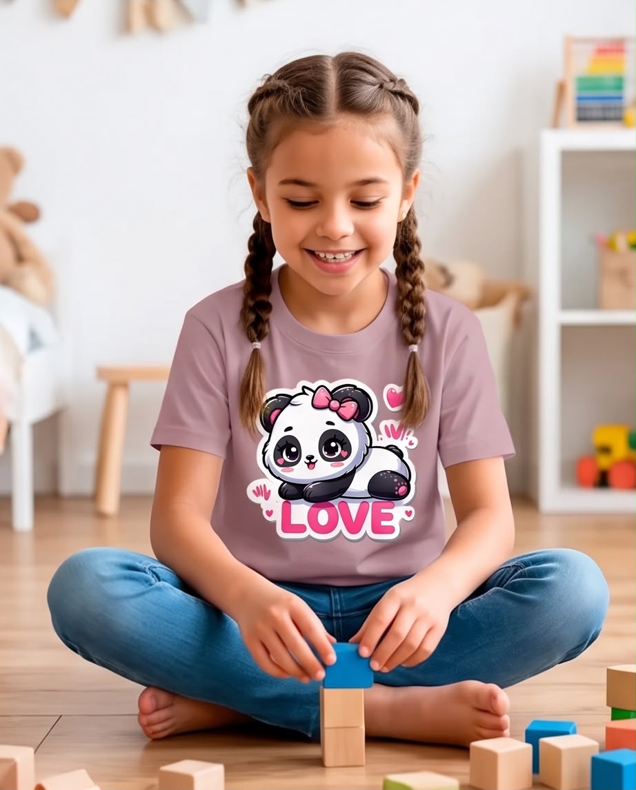 Niña sentada con camiseta Pandita Love Rosa Vieja
