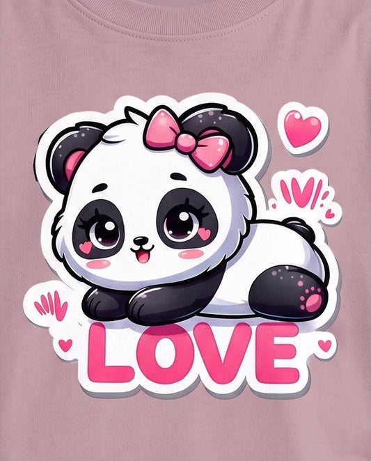Detalle de pandita con lazo y texto LOVE en camiseta Rosa Vieja