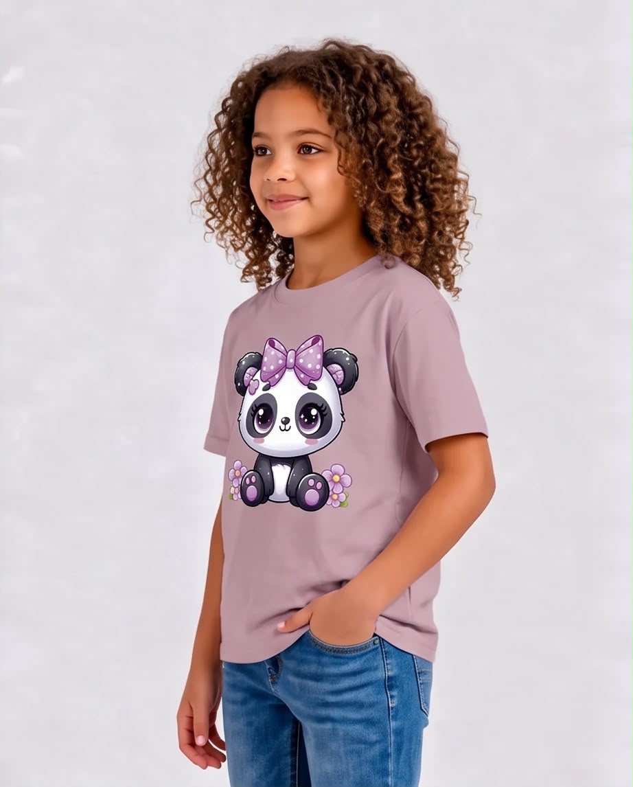Niña sentada con camiseta Pandita Lazo Lila Rosa Vieja