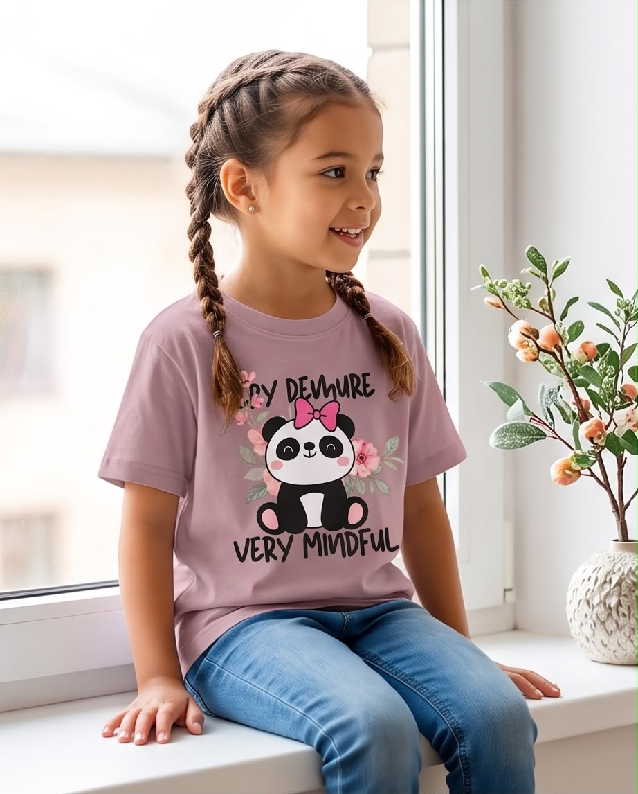 Niña sentada con camiseta Pandita Very Demure Rosa Vieja