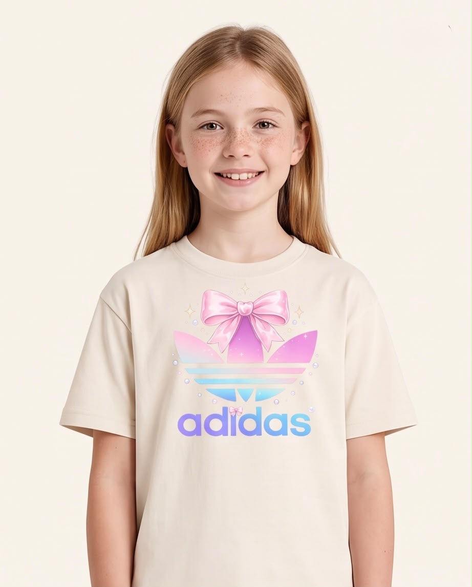 Niña de cuerpo entero con camiseta adidas y lazo