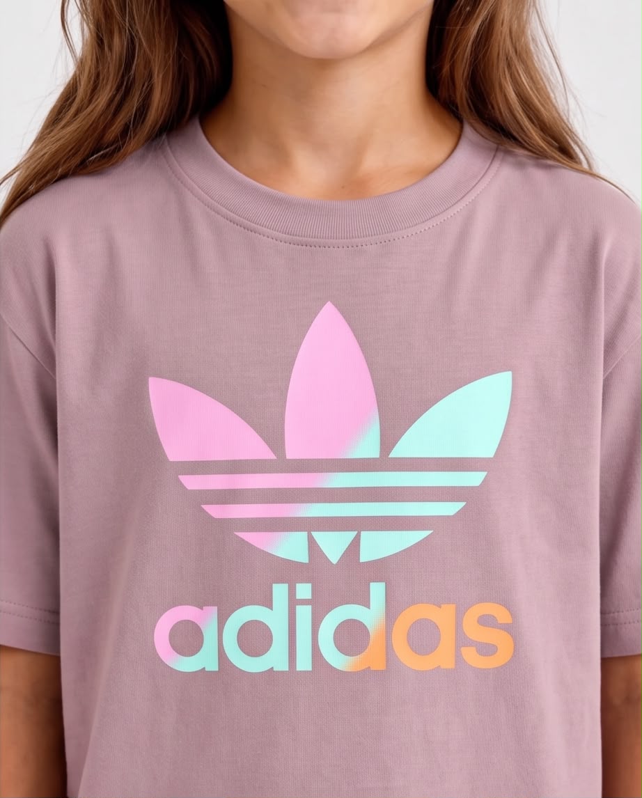 Niña sentada con camiseta adidas Trébol Pastel Rosa Vieja