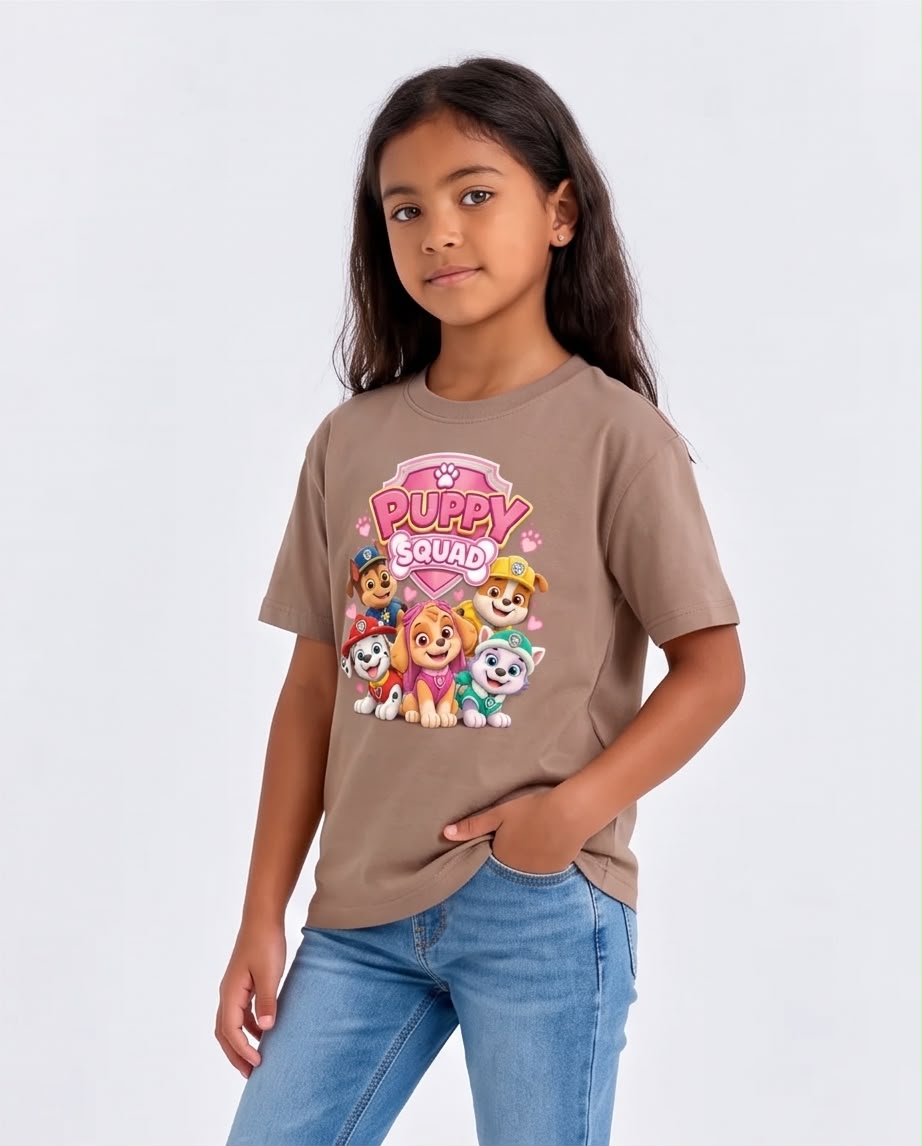 Vista lateral de camiseta Puppy Squad CAMEL
