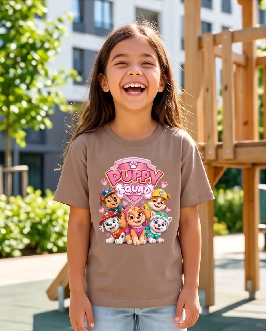 Niña con camiseta Puppy Squad CAMEL en exterior