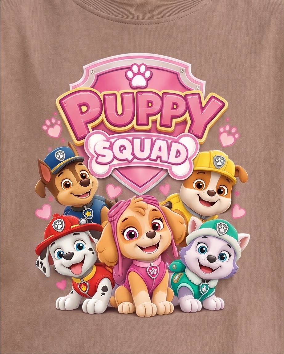 Detalle del estampado Puppy Squad con cinco cachorros
