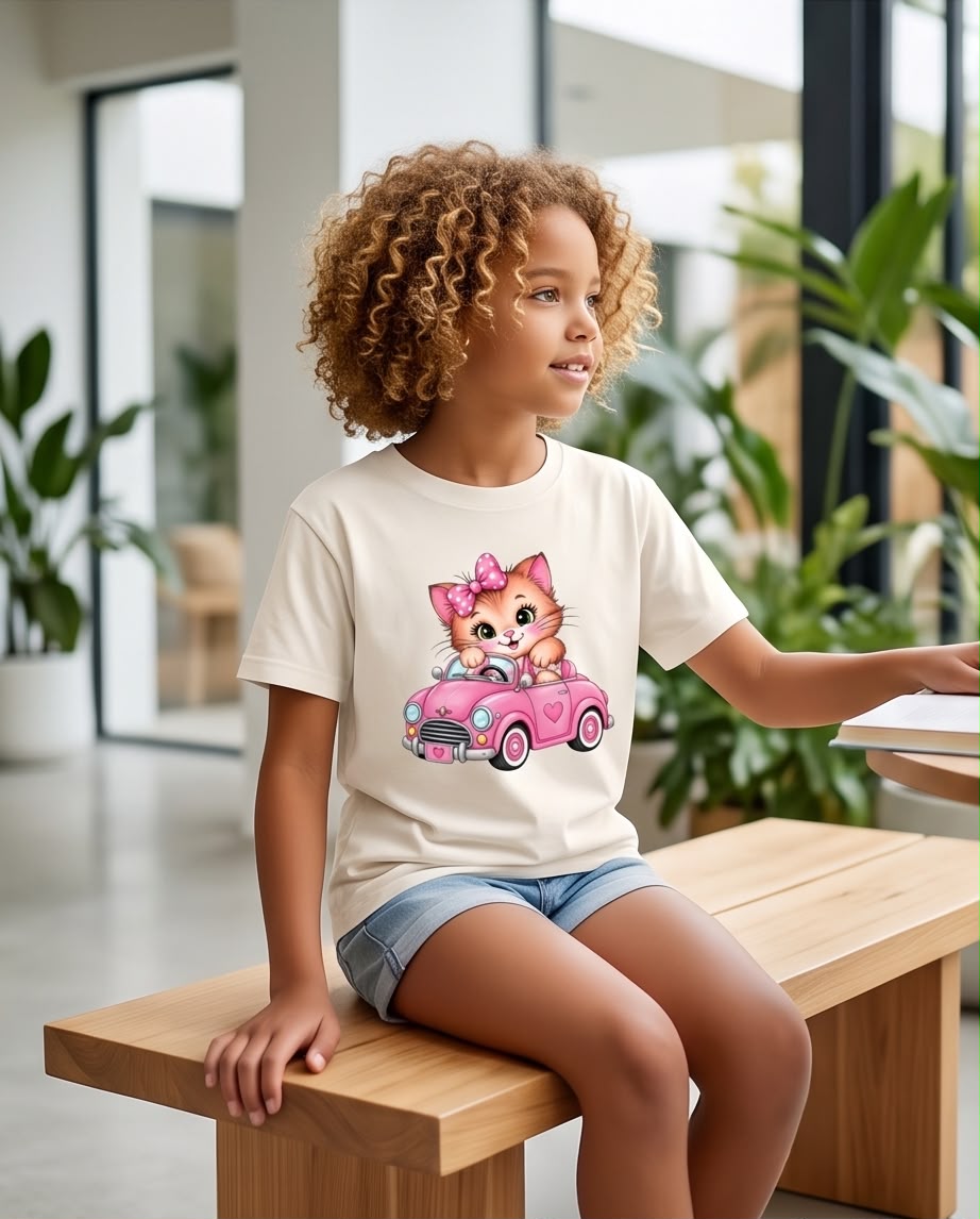 Niña de cuerpo entero con camiseta gatita en carro