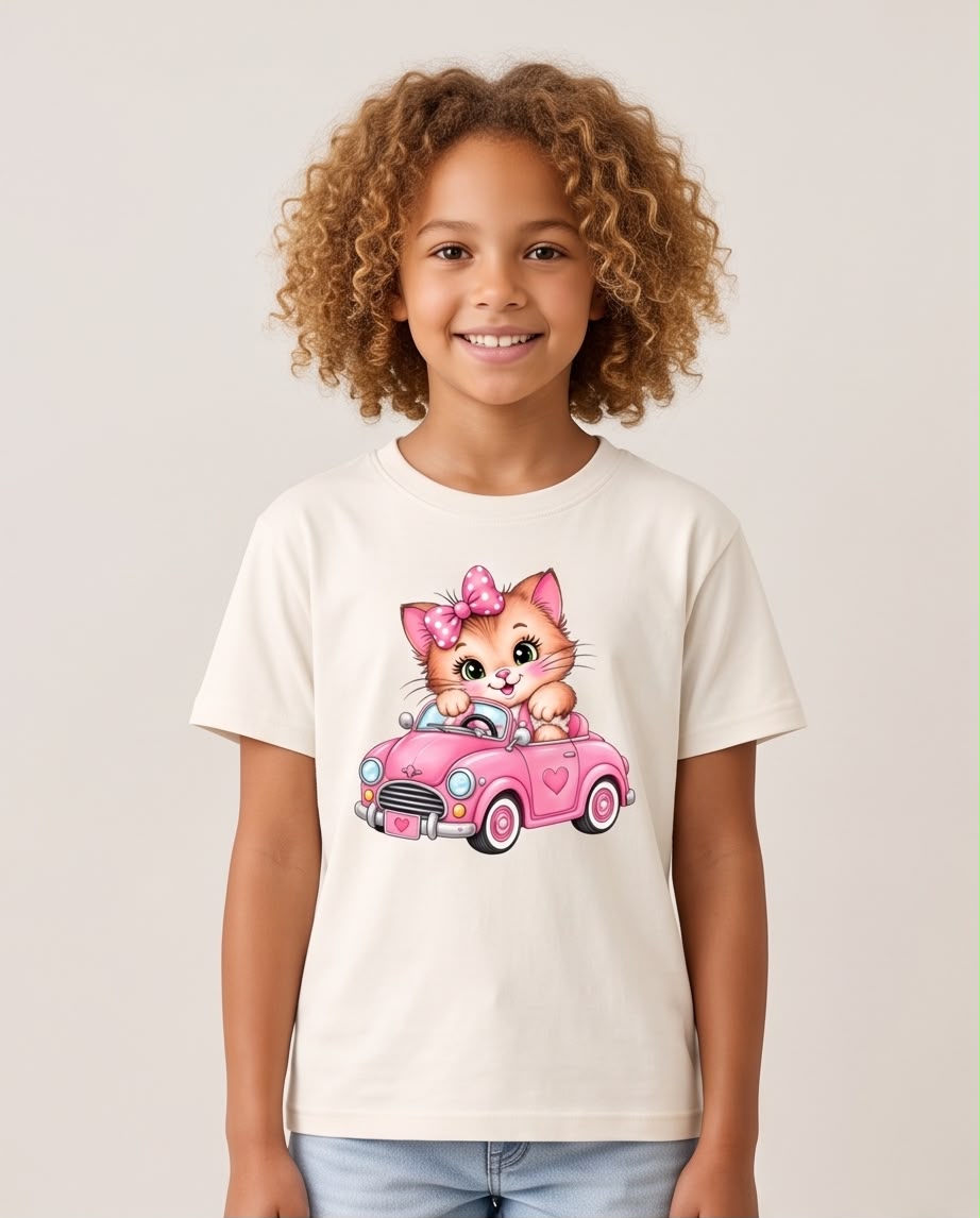 Niña con camiseta de gatita en carro rosa, vista frontal