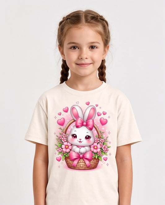Niña con camiseta de conejita en canasta con flores, vista frontal