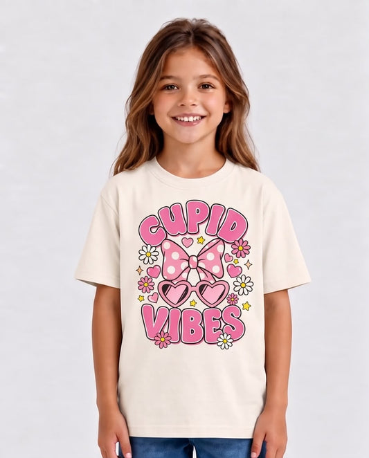 Niña con camiseta Cupid Vibes lazo rosa, vista frontal