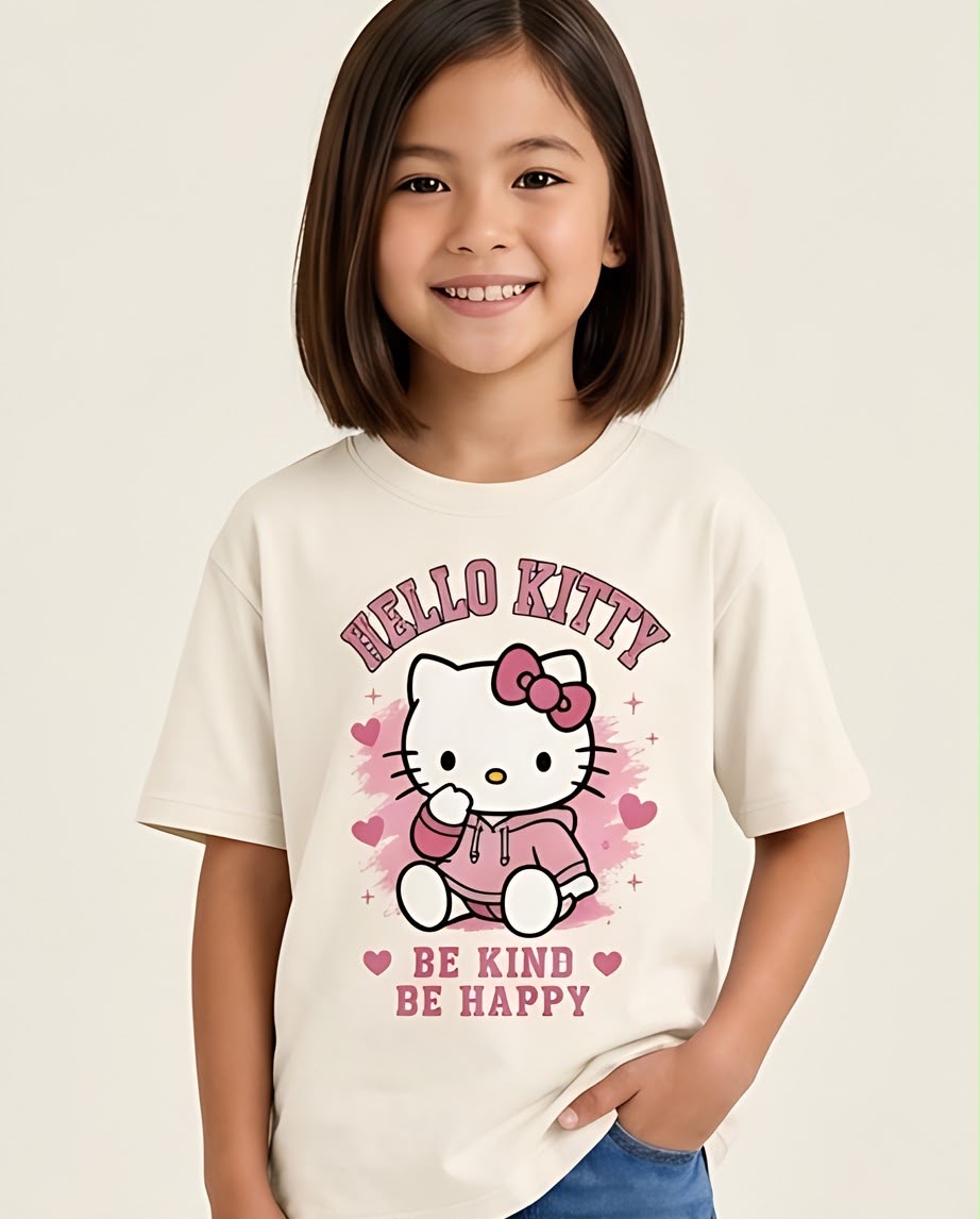 Niña al aire libre con camiseta Hello Kitty Be Kind Be Happy