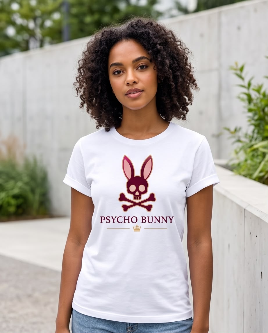Camiseta blanca de mujer Psycho Bunny con calavera de conejo, vista frontal