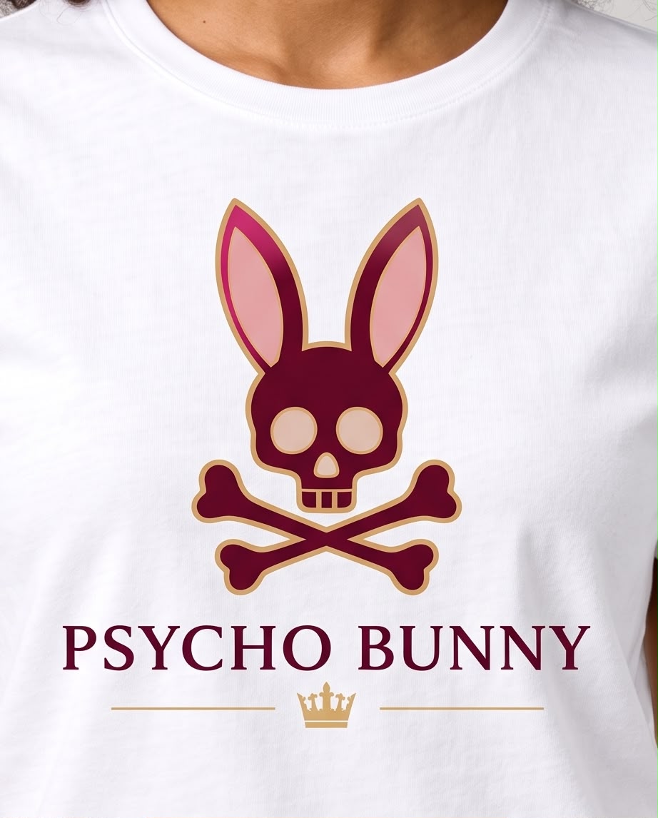 Detalle del estampado Psycho Bunny con calavera de conejo y corona