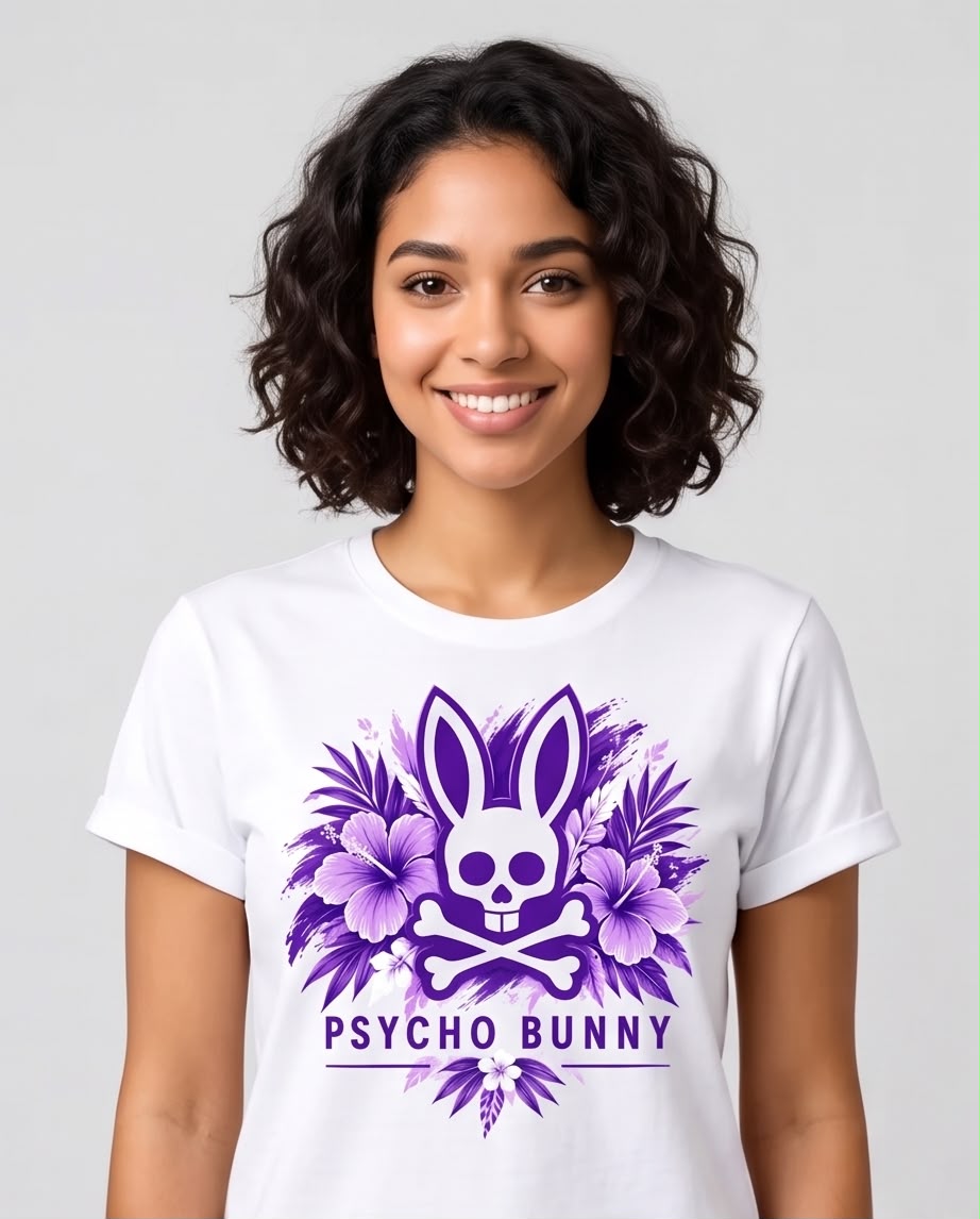 Camiseta blanca Psycho Bunny con flores moradas, vista frontal