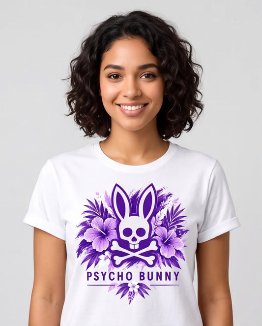 Camiseta blanca Psycho Bunny con flores moradas, vista frontal