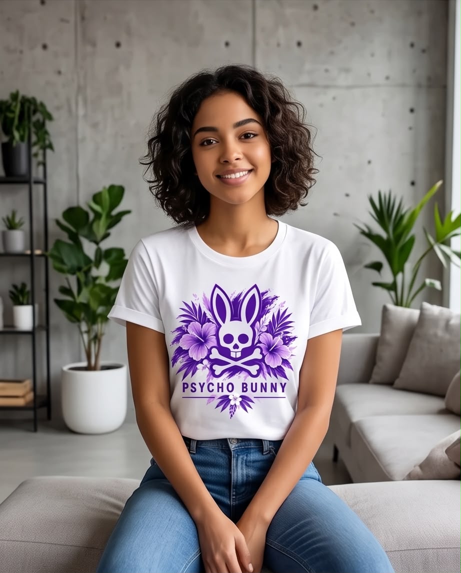 Camiseta blanca Psycho Bunny con flores moradas en look casual sentado
