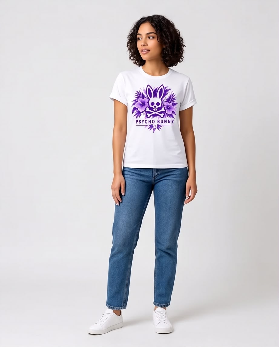 Camiseta blanca de mujer Psycho Bunny flores moradas, vista completa