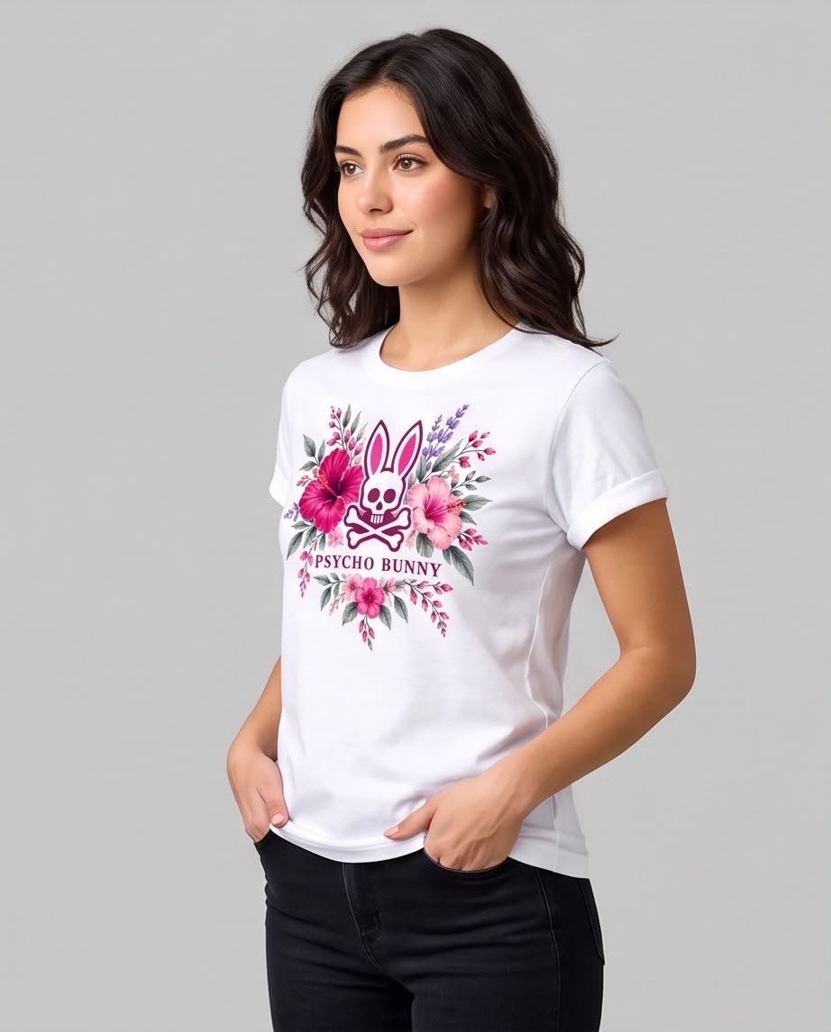 Camiseta blanca de mujer Psycho Bunny flores fucsias, vista lateral