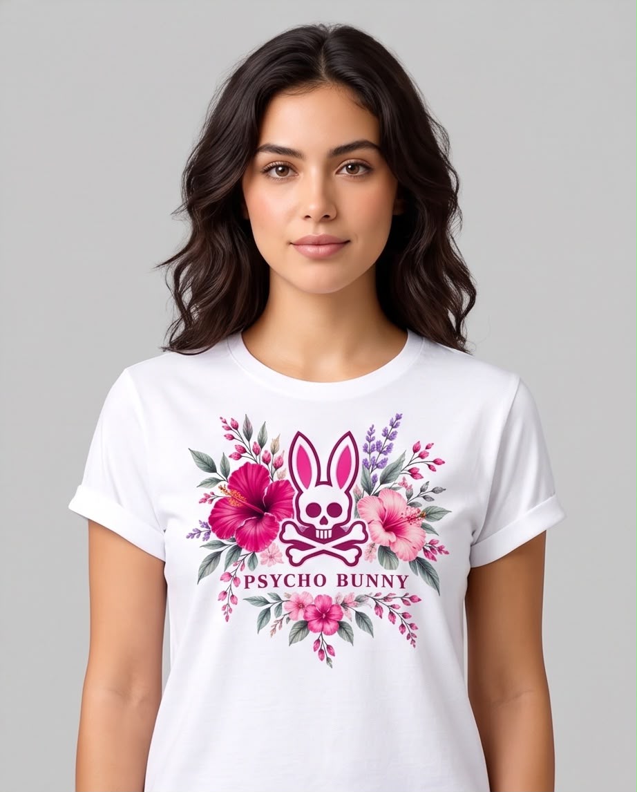 Camiseta blanca Psycho Bunny flores fucsias, vista completa