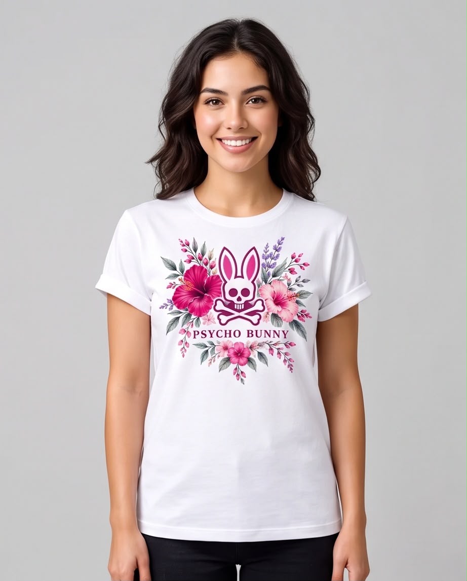 Detalle del estampado Psycho Bunny con flores fucsias y rosadas