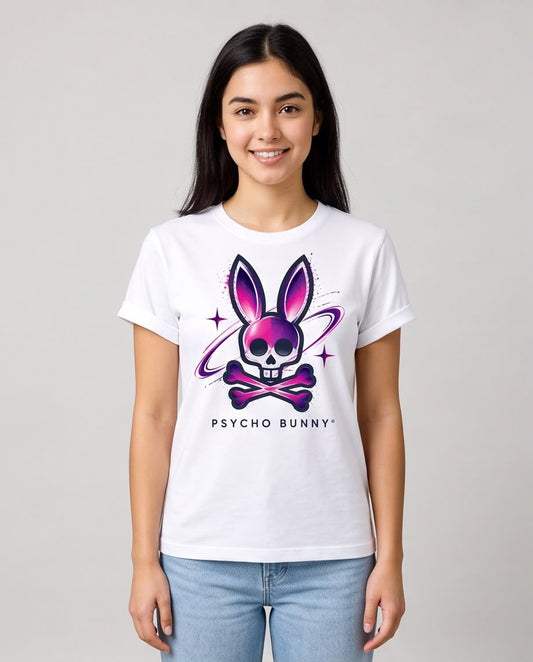 Camiseta blanca de mujer Psycho Bunny galaxia, vista frontal