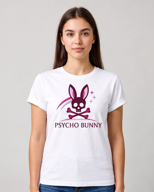 Camiseta blanca de mujer Psycho Bunny estrellas fucsias, vista frontal