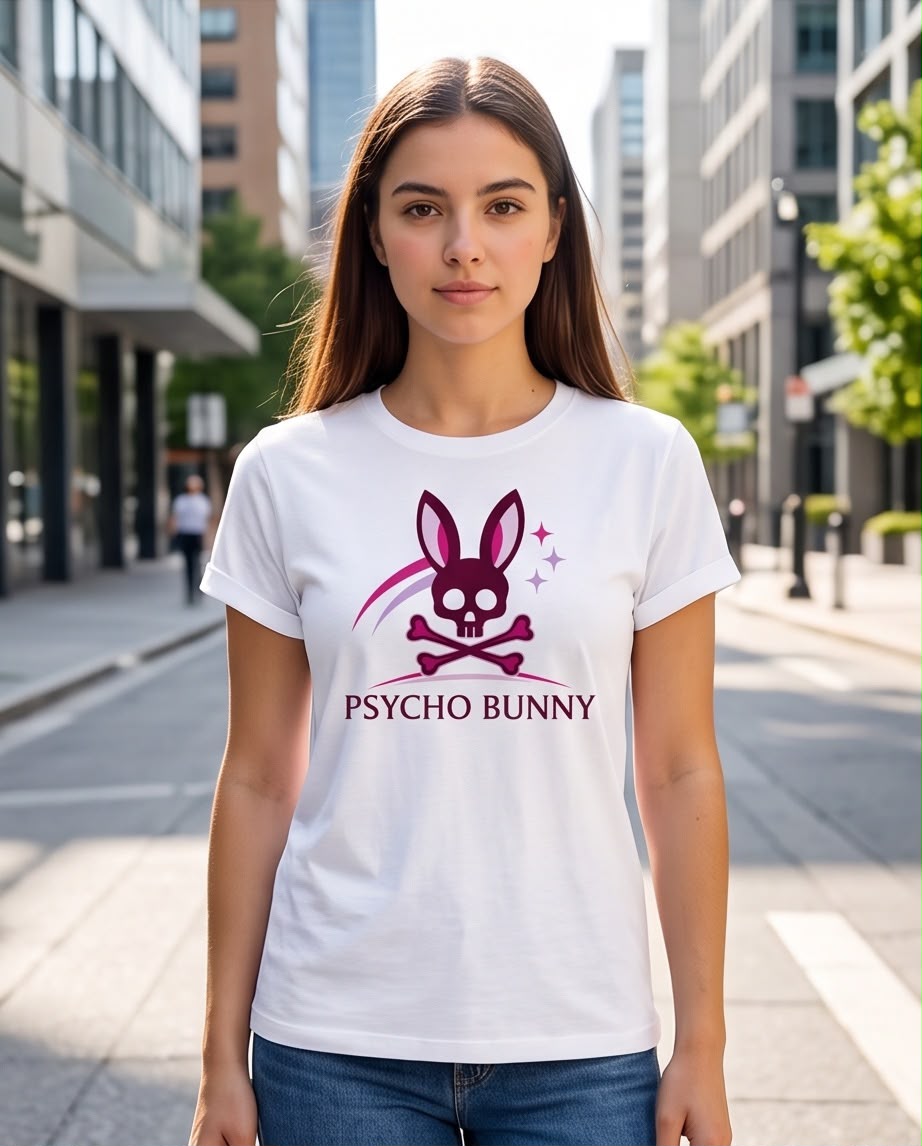 Detalle del estampado Psycho Bunny con estelas y estrellas fucsias