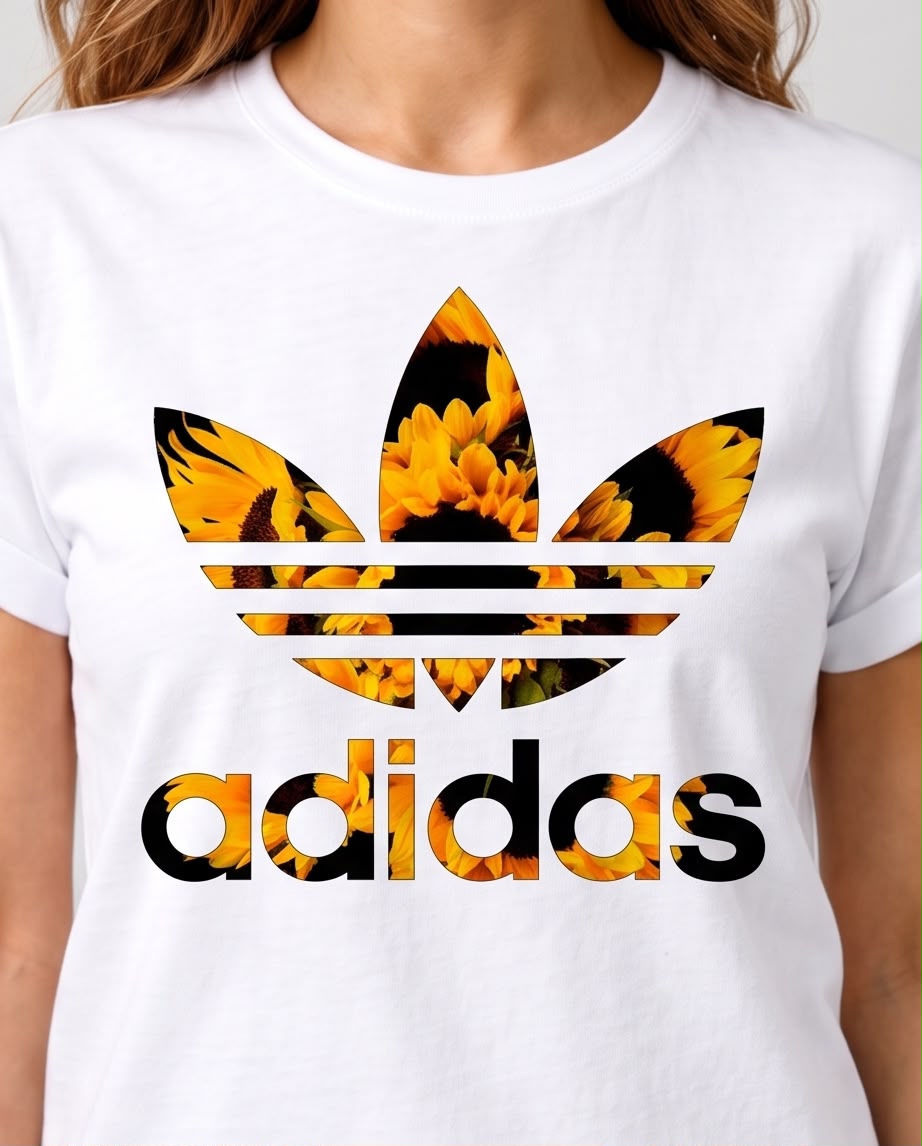 Detalle del trébol y texto adidas con girasoles amarillos