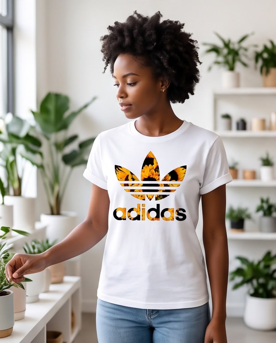Camiseta blanca adidas trébol girasoles, vista frontal
