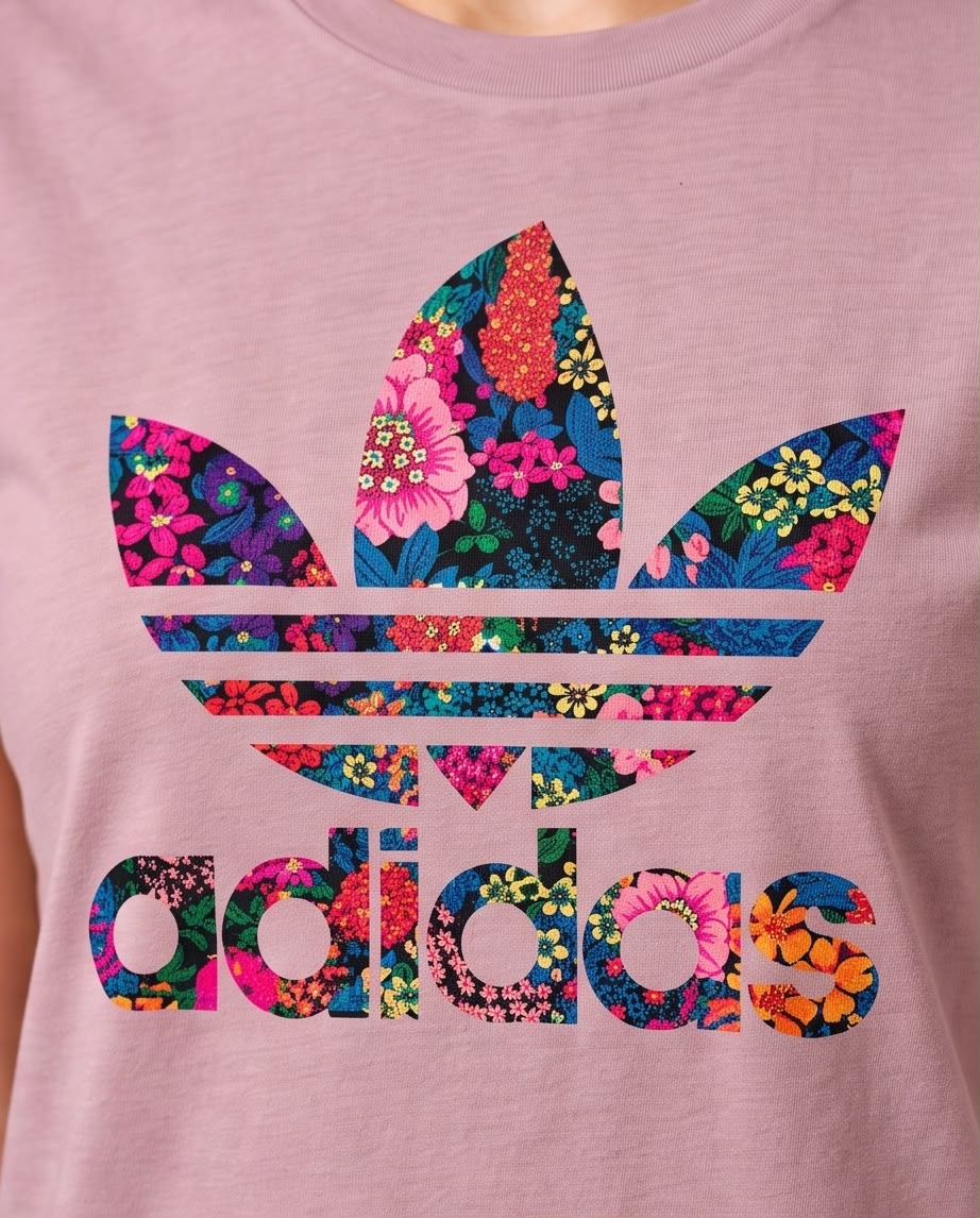 Camiseta rosa viejo adidas floral multicolor en look casual
