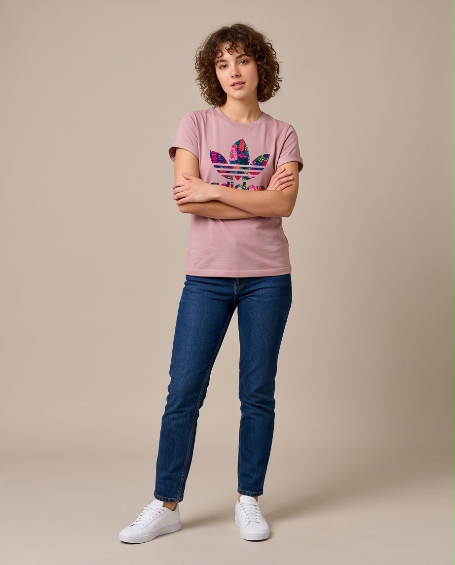 Camiseta rosa viejo adidas trébol floral multicolor, look completo
