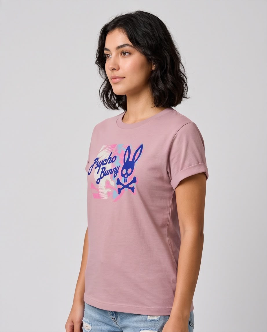 Camiseta rosa viejo Psycho Bunny gráfico azul, vista lateral