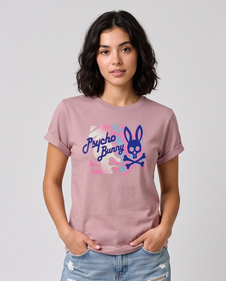 Camiseta rosa viejo Psycho Bunny gráfico azul, vista frontal