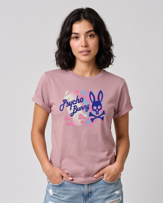 Camiseta rosa viejo Psycho Bunny gráfico azul, vista frontal